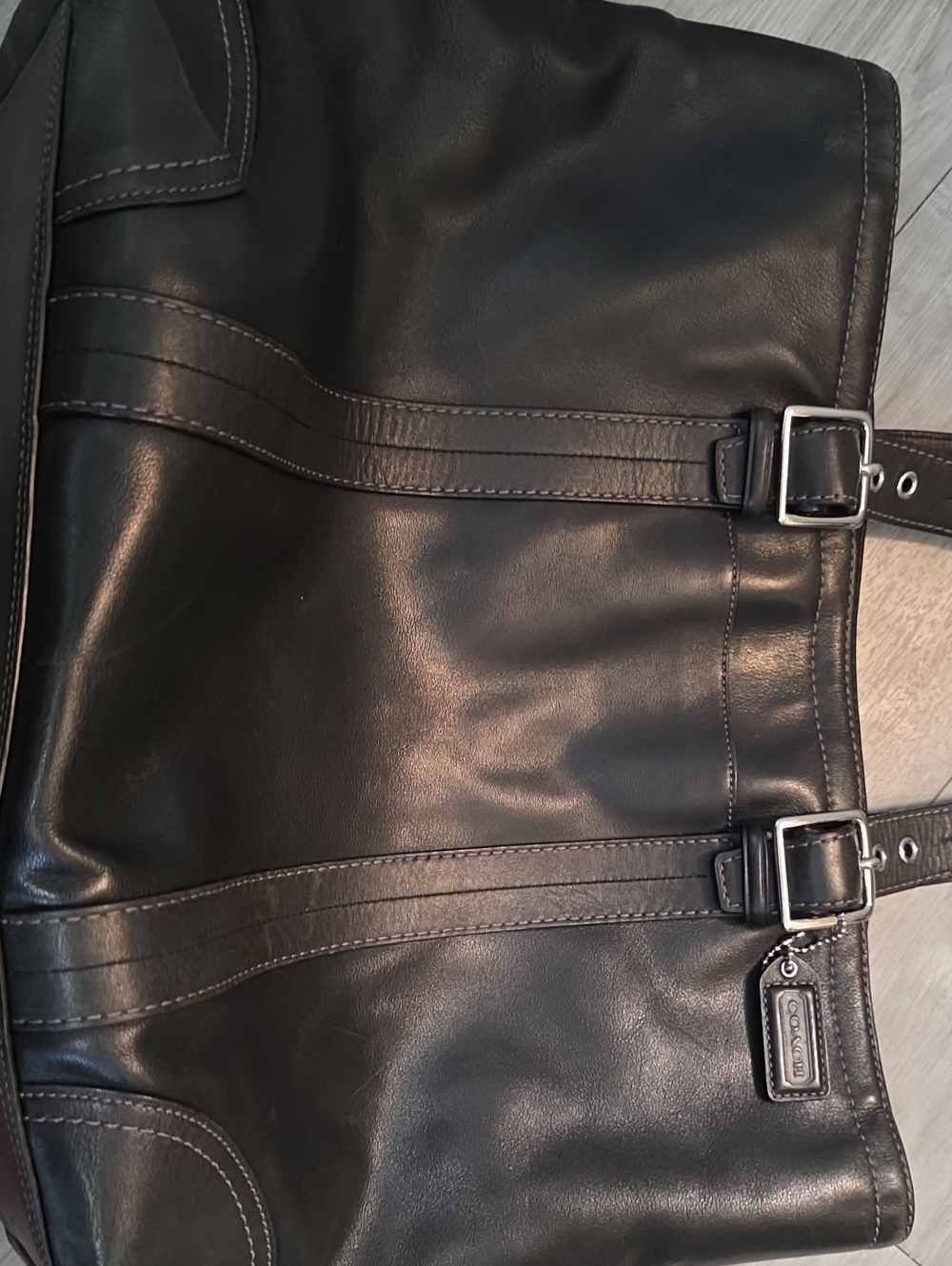 Coach Black Leather Tote Bag with Buckle Accents